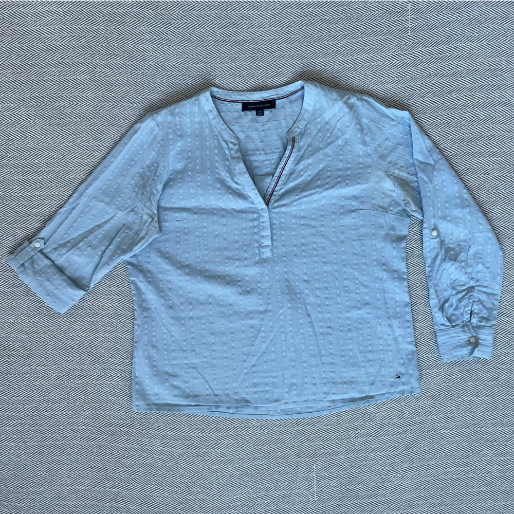 Tommy Hilfiger Light Blue Textured Roll Tab Sleeve Split Collar Blouse